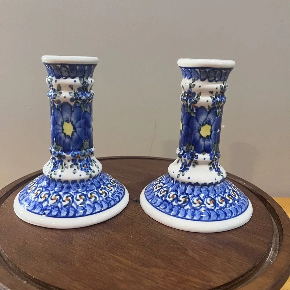 Vtg Polish Pottery Boleslawiec Unikat Blue Floral Candle Holders M Czonka Pair